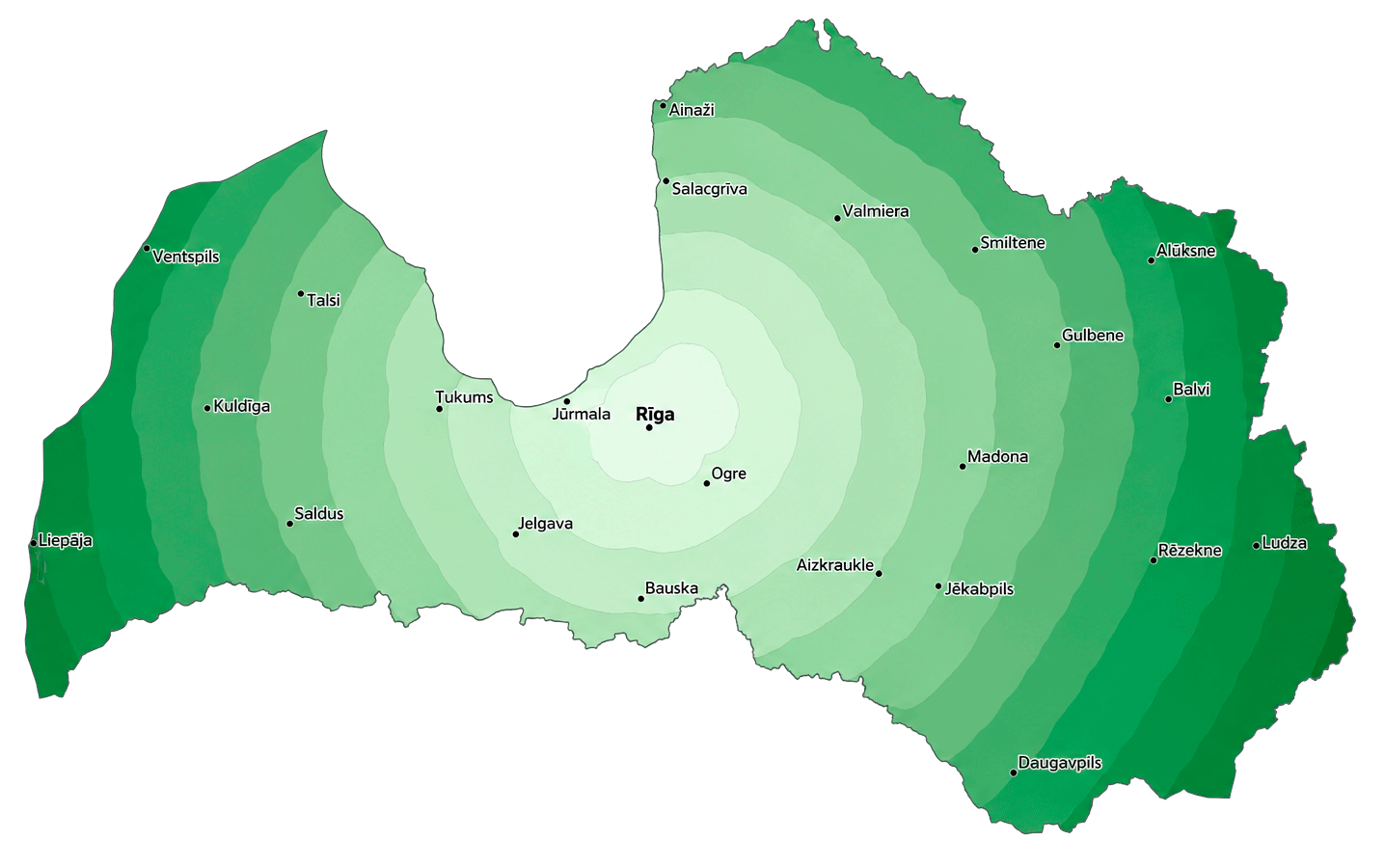 Карта Латвии с расстояниями от Риги