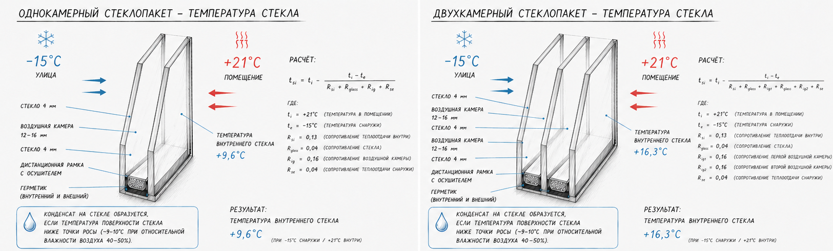 Сравнение температуры стекла: однокамерный и двухкамерный стеклопакет