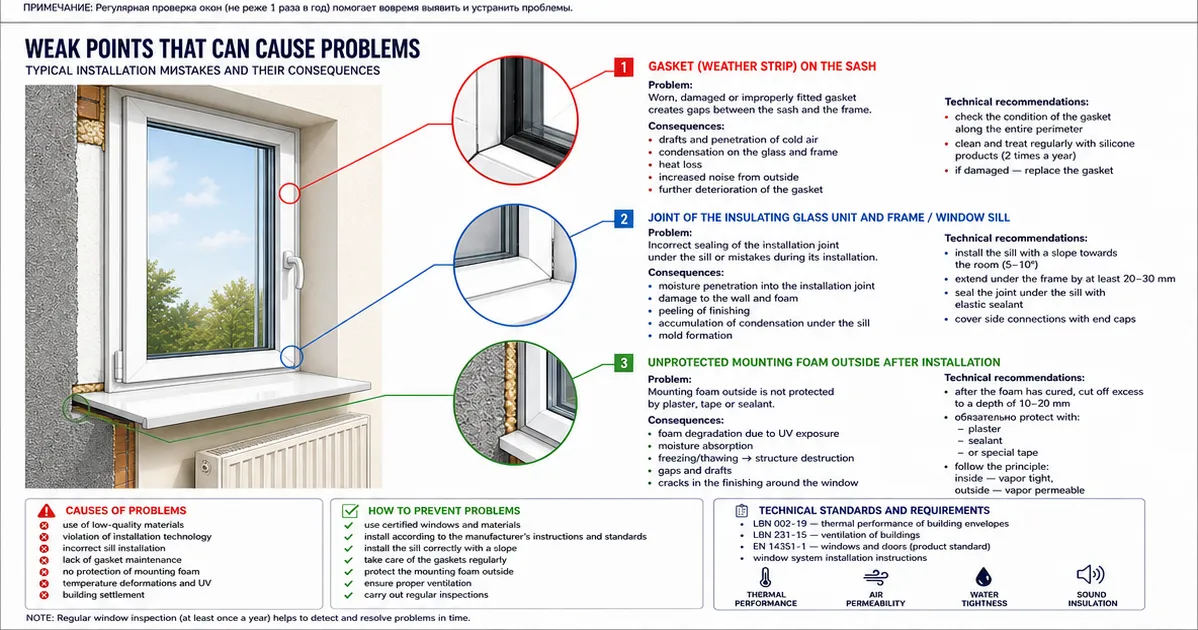 Weak spots in window installation — seal, windowsill, assembly foam