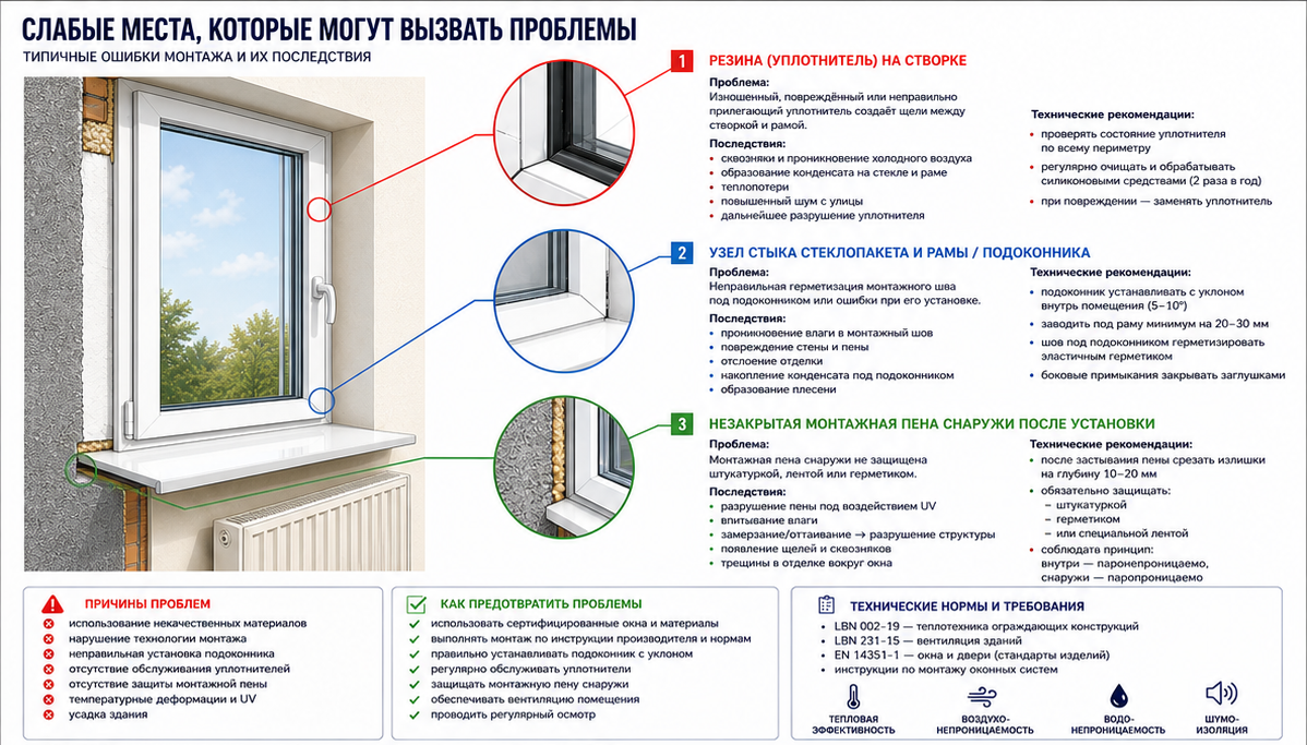 Слабые места монтажа окон — уплотнитель, подоконник, монтажная пена