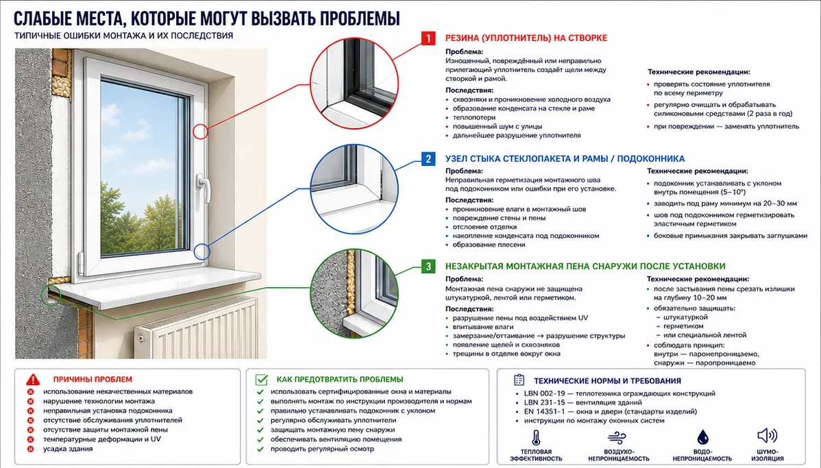 Слабые места монтажа окон — уплотнитель, подоконник, монтажная пена
