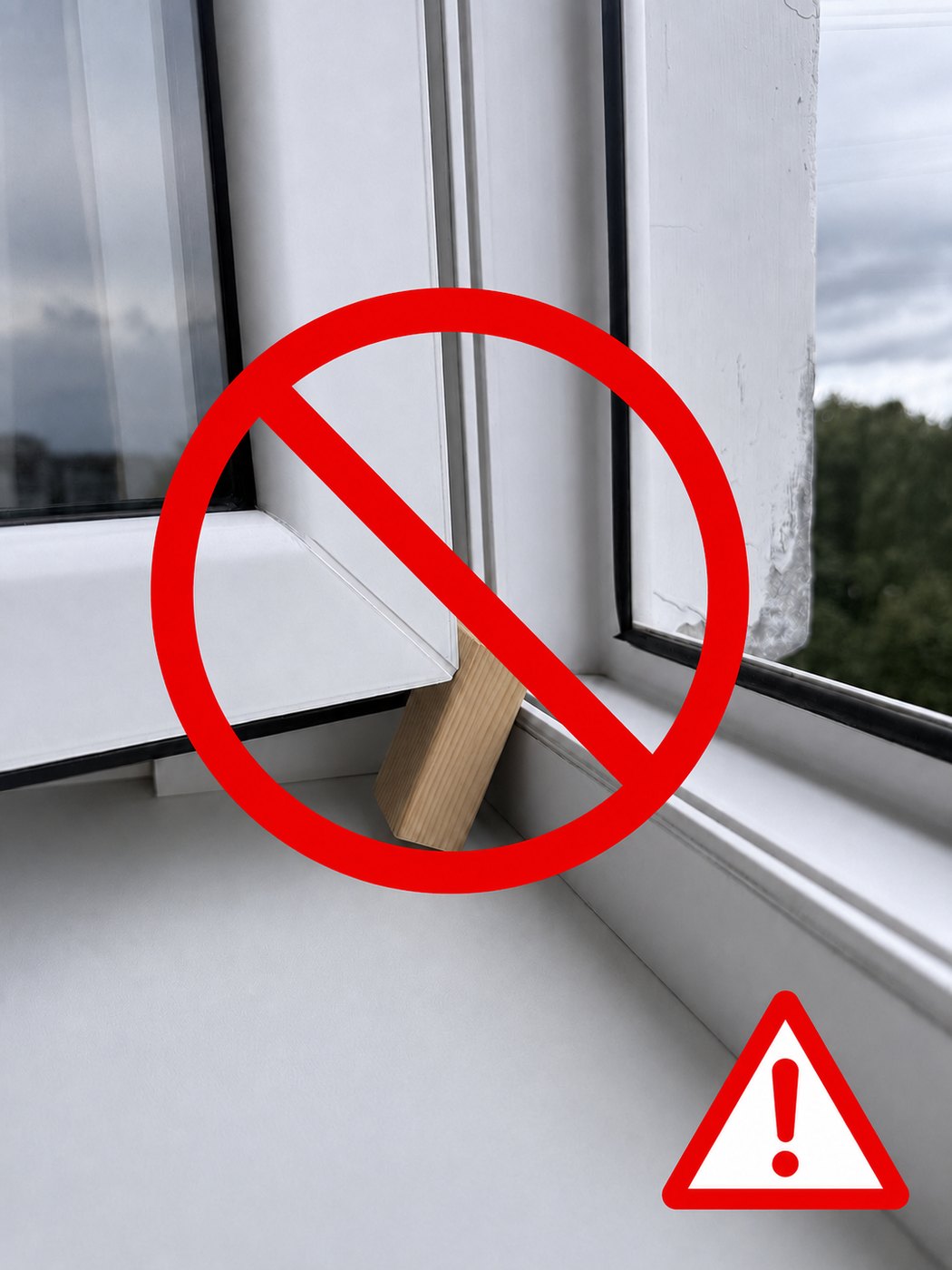 A wooden wedge placed under a window sash — never do this